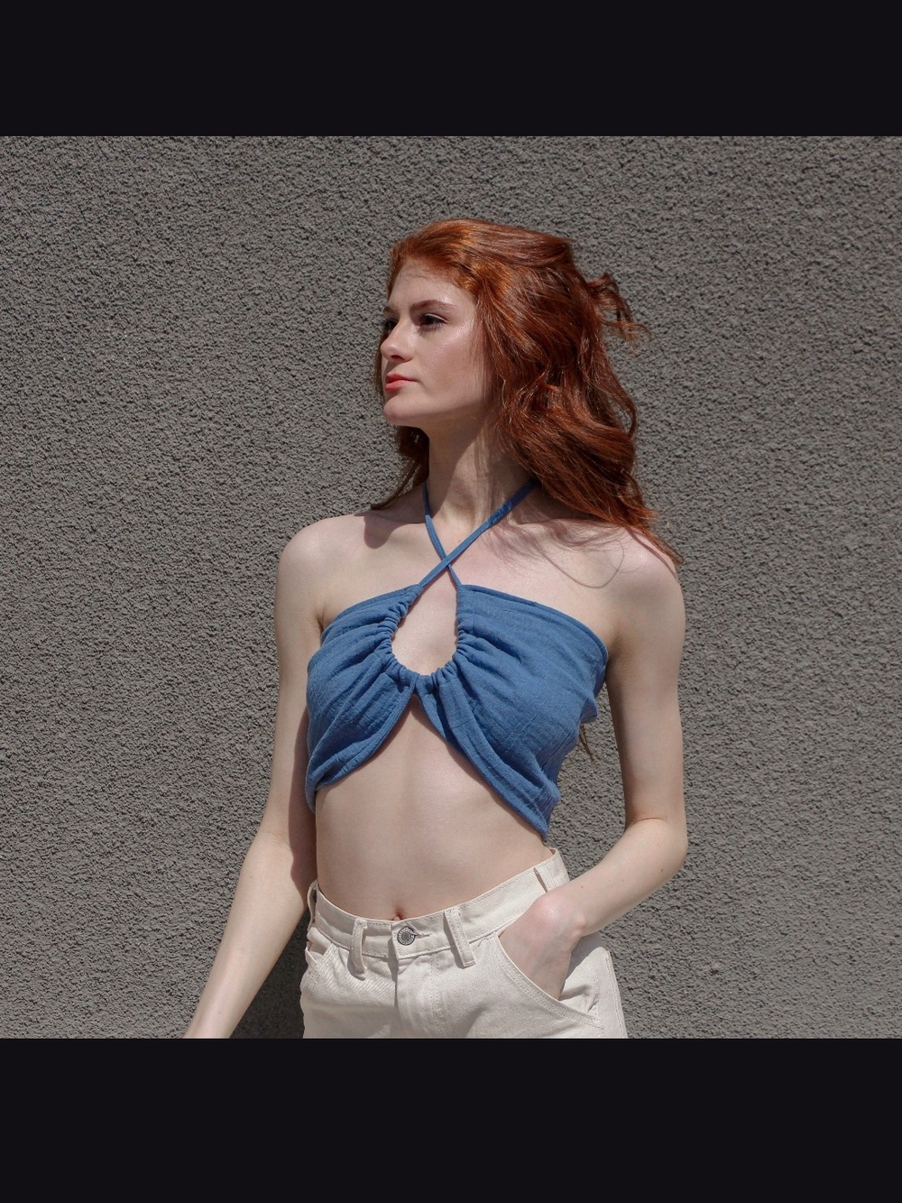 Blue Halter Cutout Crop Top